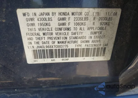 2007 Acura Tsx z USA, uszkodzony, nr VIN JH4CL968X7C003775